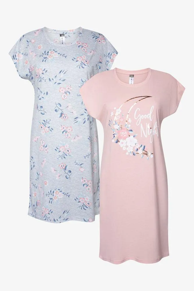 2 Pack Moon With Flowers Good Night Sleep Shirts Pink