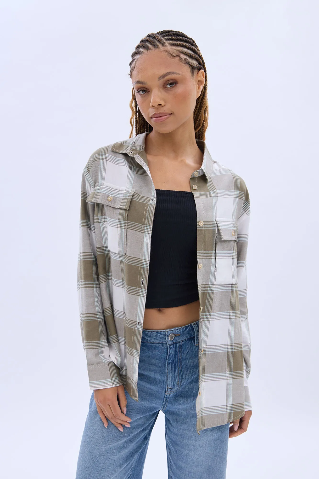 Button-Up Twill Plaid Shirt