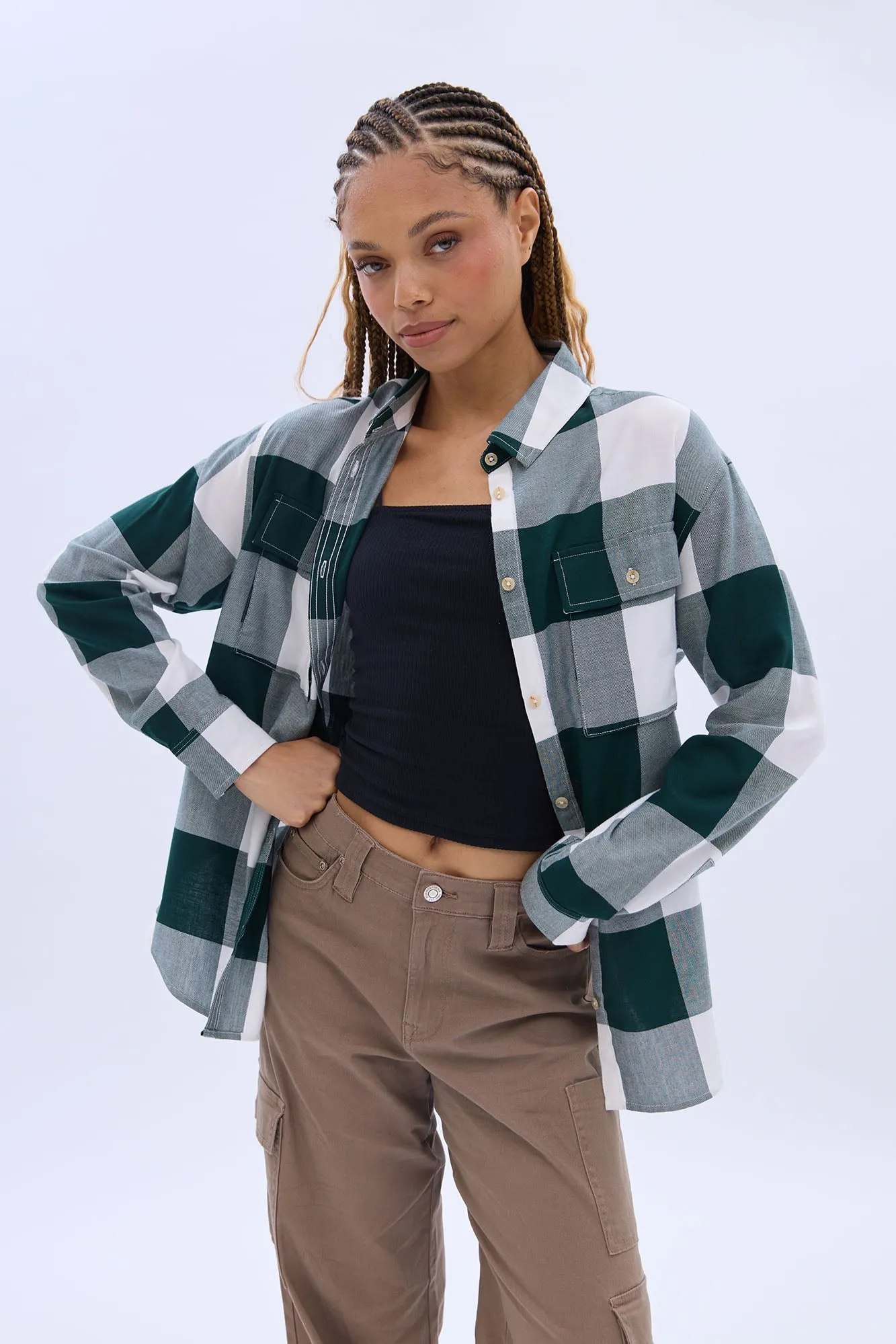 Button-Up Twill Plaid Shirt