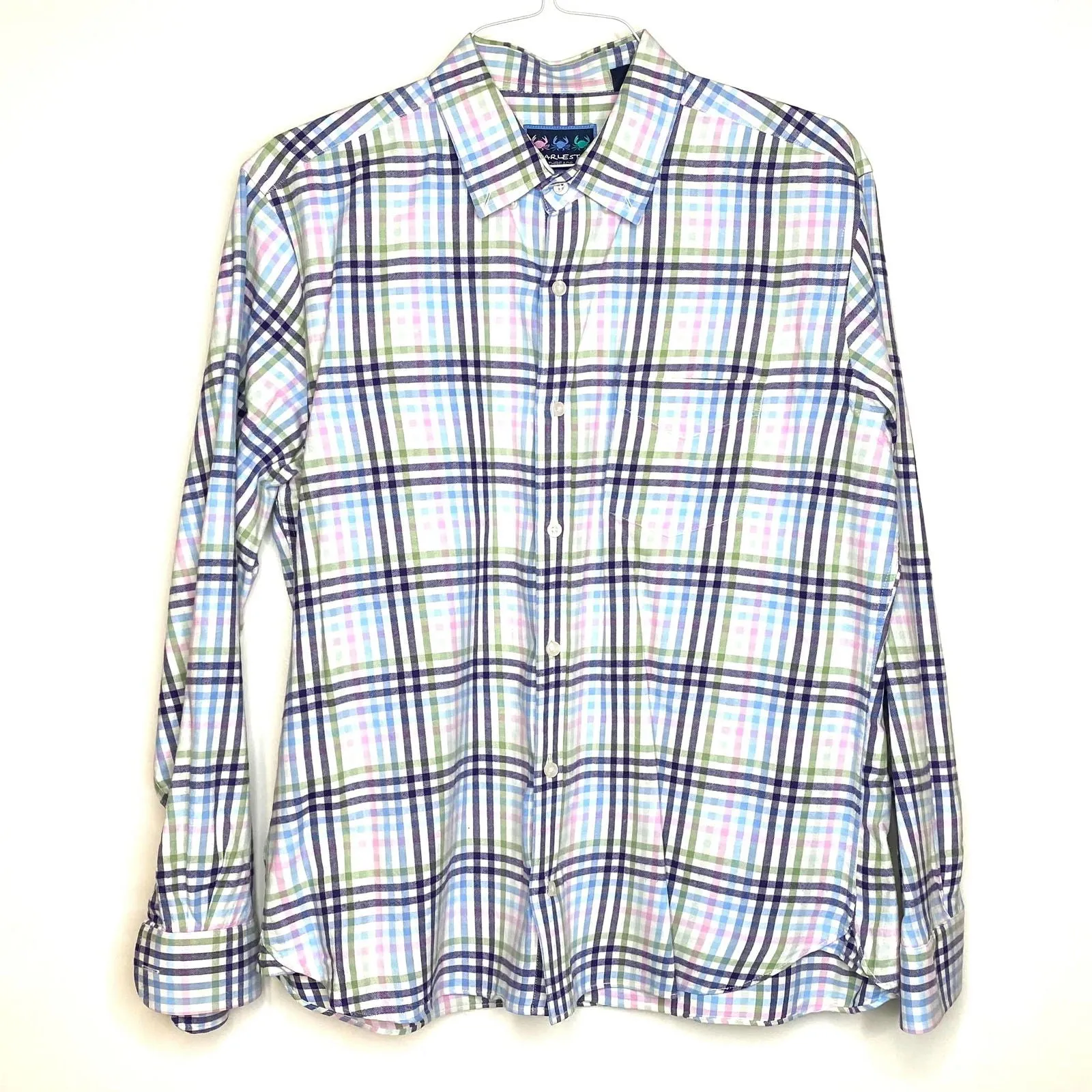 Charleston Threads Mens Size XL Blue Pink White Plaid Button-Down Casual Shirt L/s