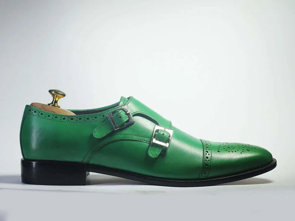 Handmade Men's green Monk Strap Leather Shoes, Men Designer Dress Shoes