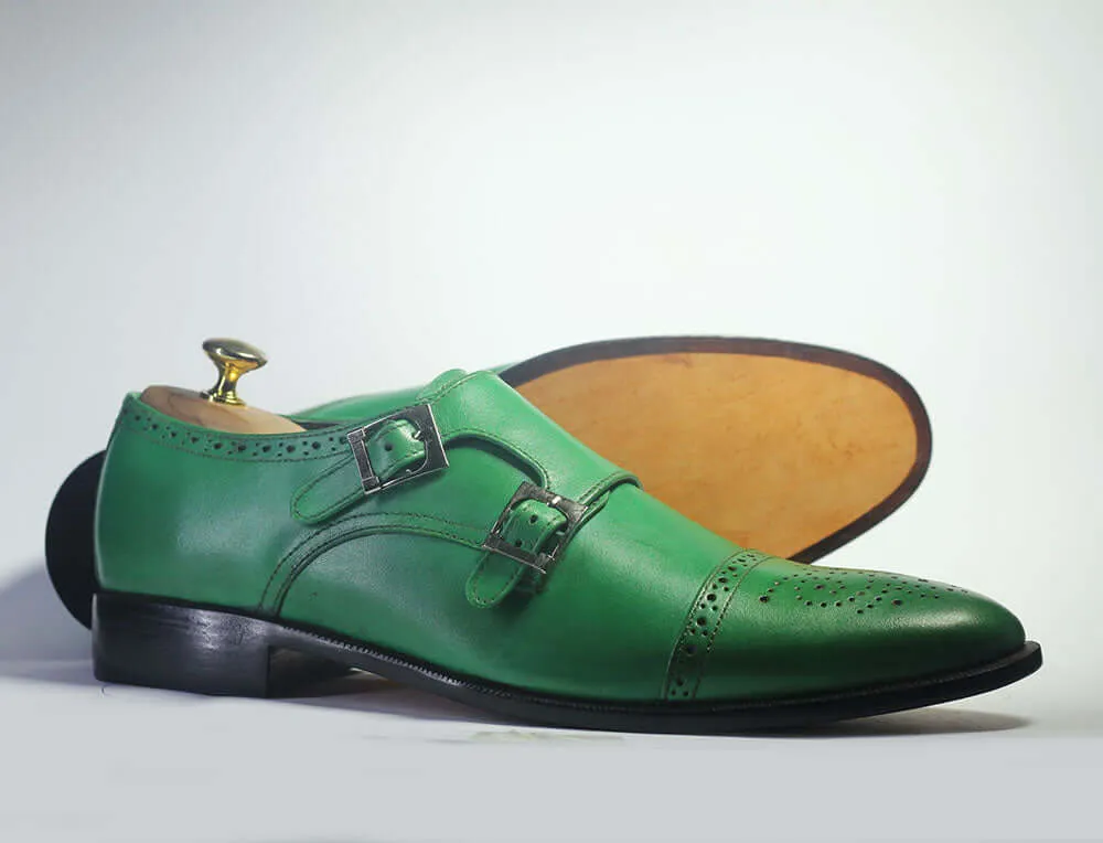 Handmade Men's green Monk Strap Leather Shoes, Men Designer Dress Shoes