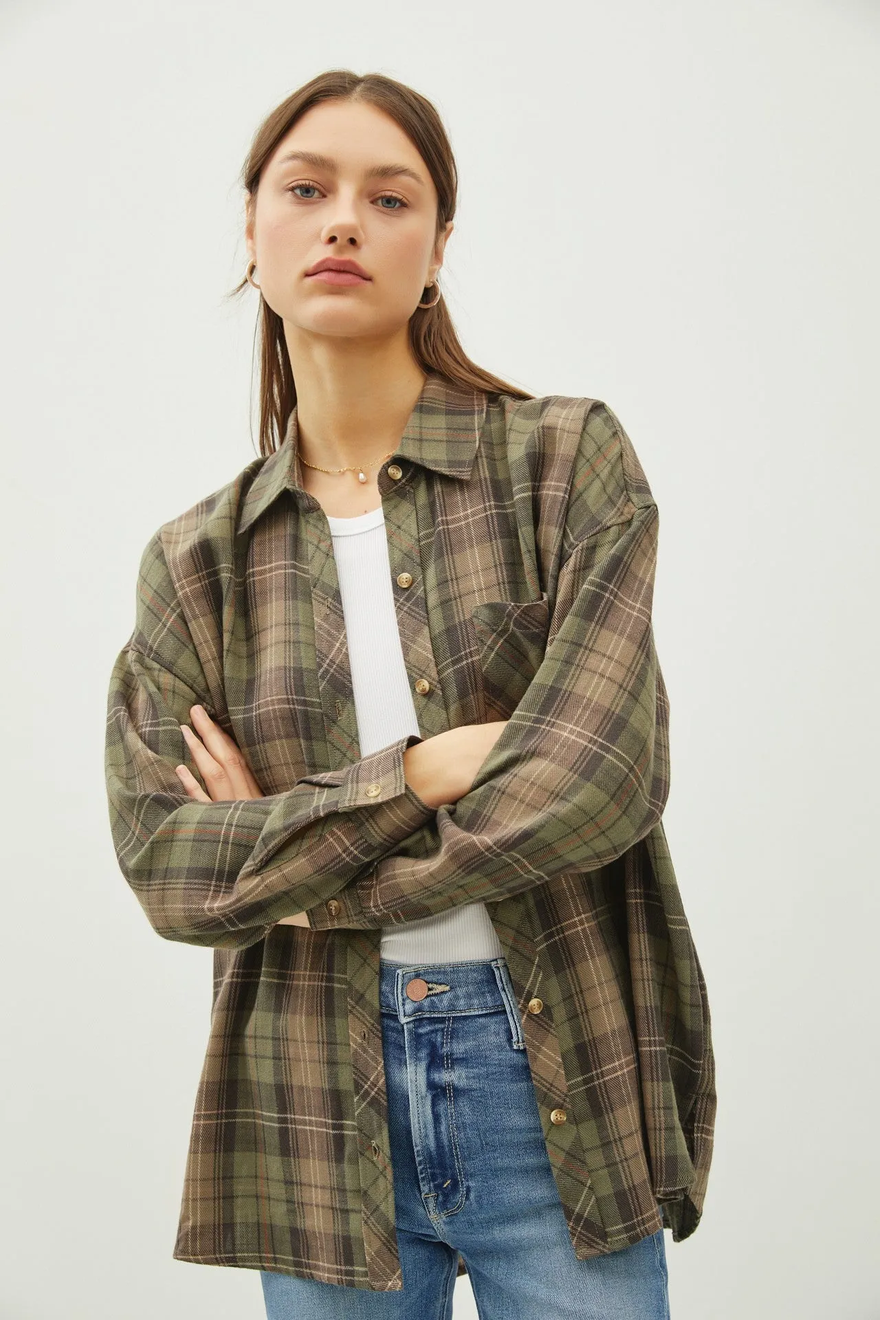 Juliette Oversize Flannel Long Sleeve Top Khaki