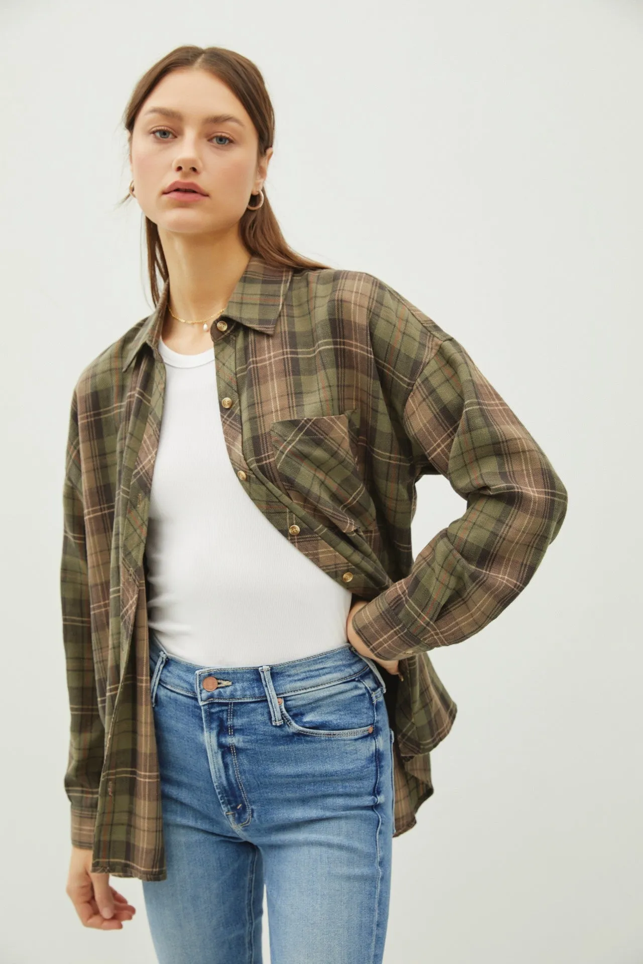 Juliette Oversize Flannel Long Sleeve Top Khaki