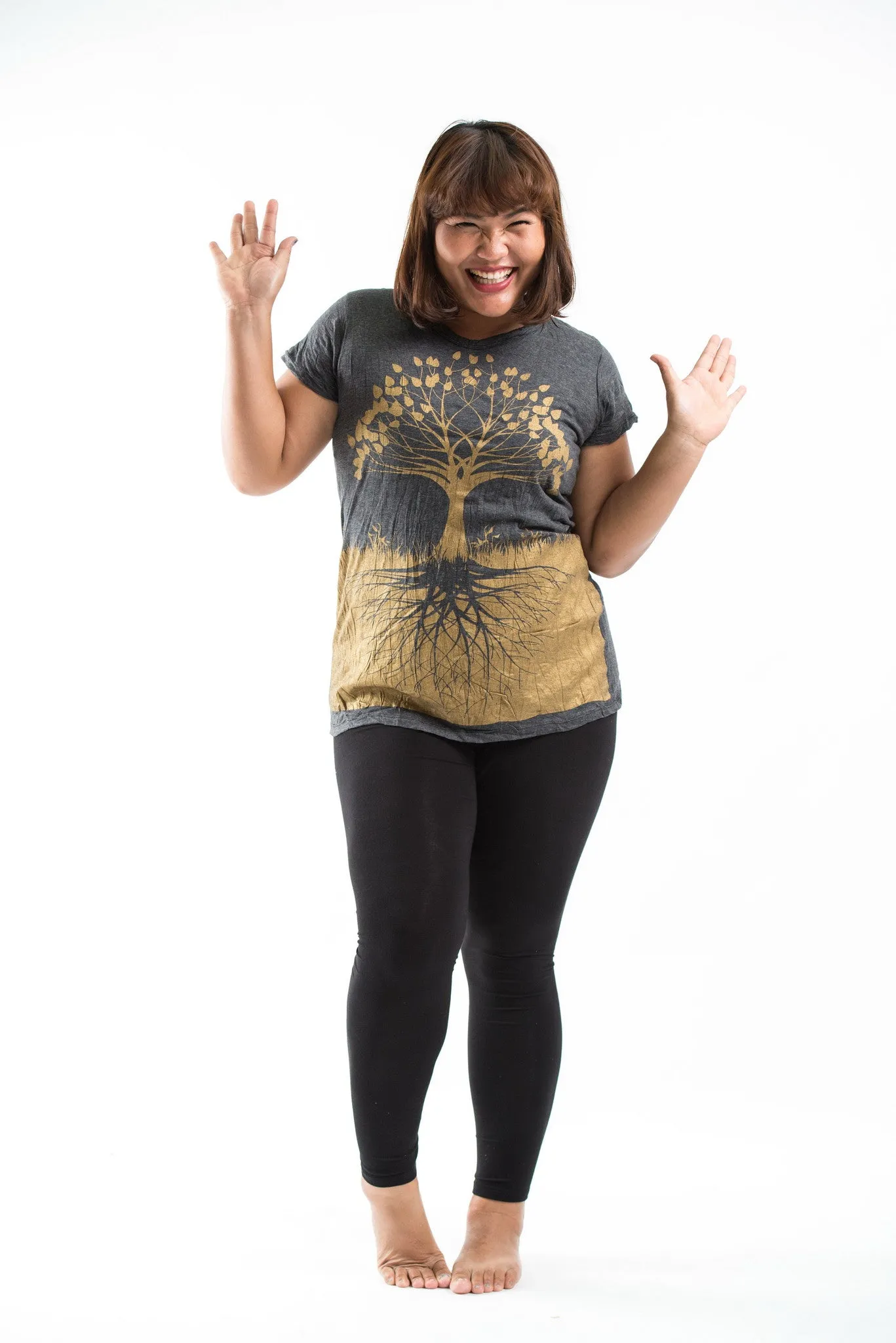 Plus Size Sure Design Women's Tree of Life T-Shirt Gold on Black