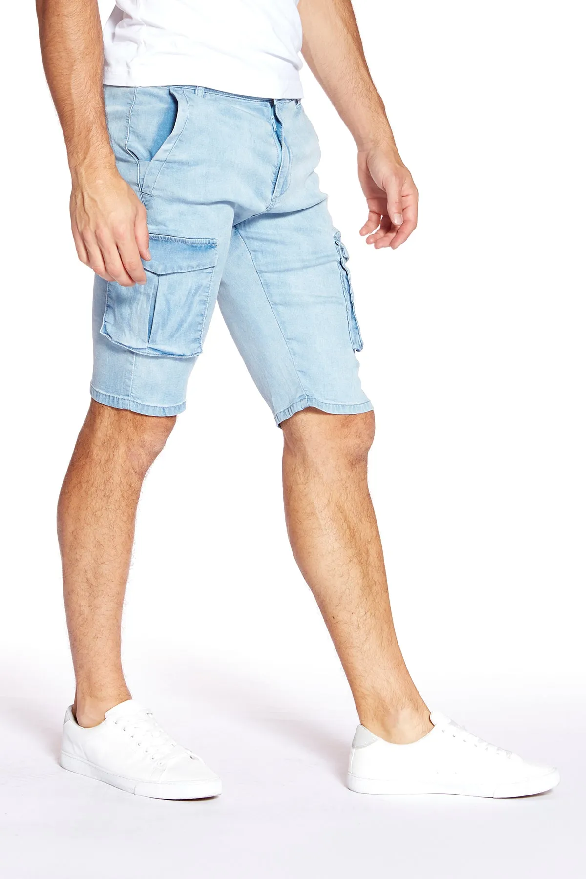 PRESLEY - Zip Front Cargo Shorts - Light Blue Bleach