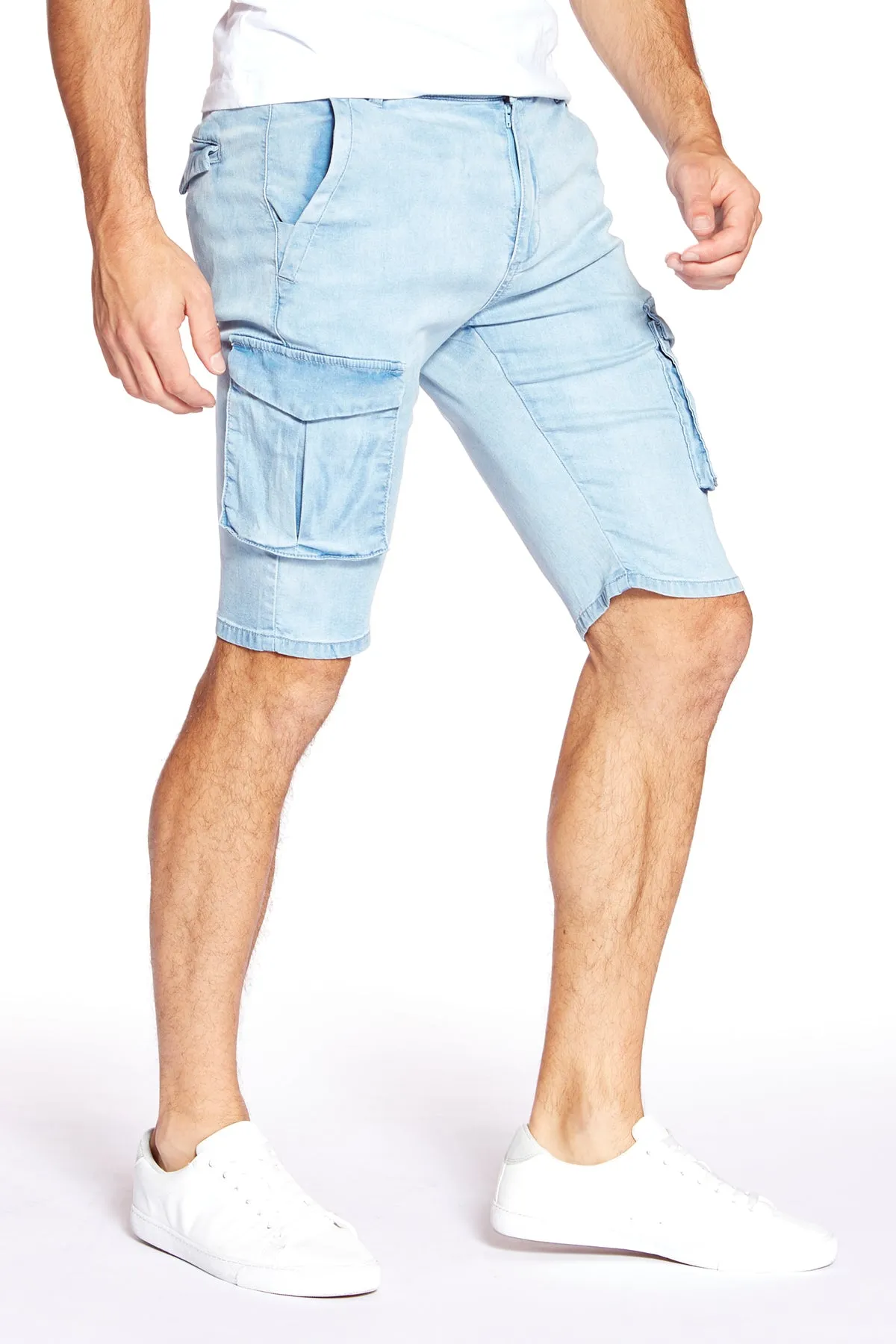 PRESLEY - Zip Front Cargo Shorts - Light Blue Bleach