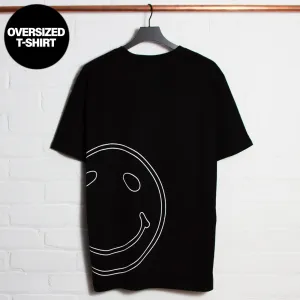 White Outline Side Smiley - Oversized Tshirt - Black